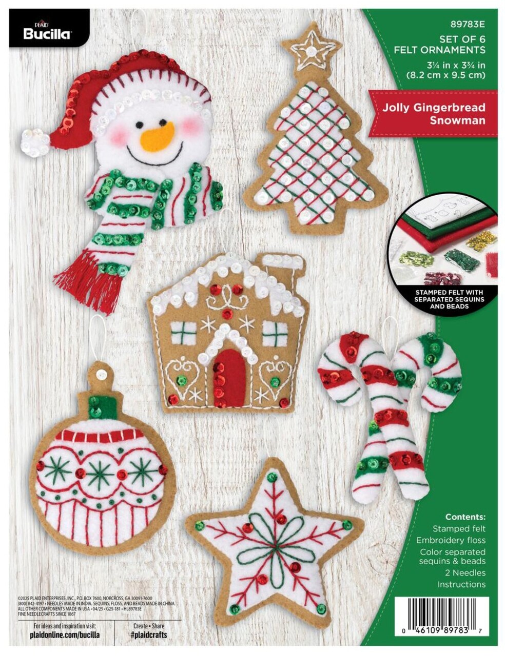 Bucilla Felt Ornaments Applique Kit Set Of 6-Jolly Gingerbread Snowman